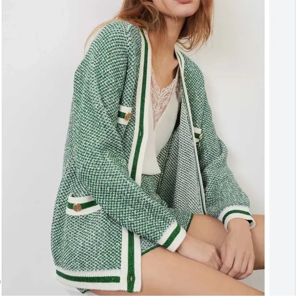 Maje Maitresse Green Lurex Metallic Threaded Cardigan Sweater Size 3, US Large - Picture 1 of 16
